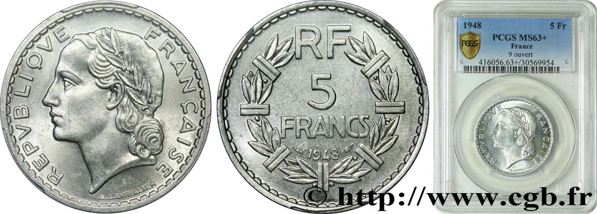 5 francs Lavrillier, aluminium, 9 ouvert 1948  F.339/13 MS63 PCGS