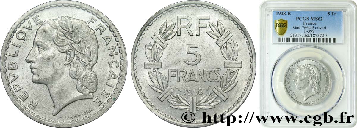 5 francs Lavrillier, aluminium 1948 Beaumont-Le-Roger F.339/15 VZ62 PCGS