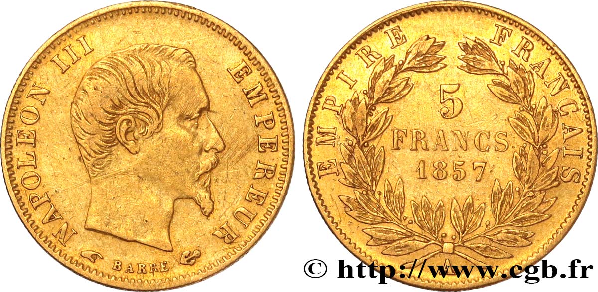 5 francs or Napoléon III, tête nue, grand module 1857 Paris F.501/4 BC+ 