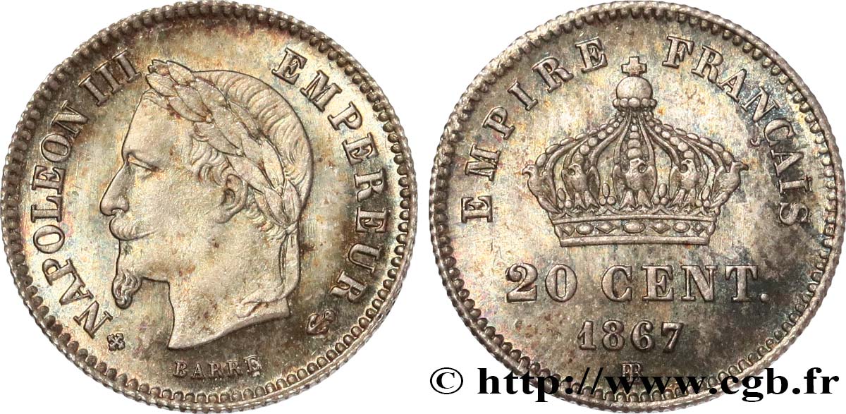 20 centimes Napoléon III, tête laurée, grand module 1867 Strasbourg F.150/2 SUP55 