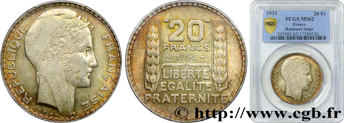 20 francs Turin, rameaux longs 1933  F.400/5 EBC62 PCGS
