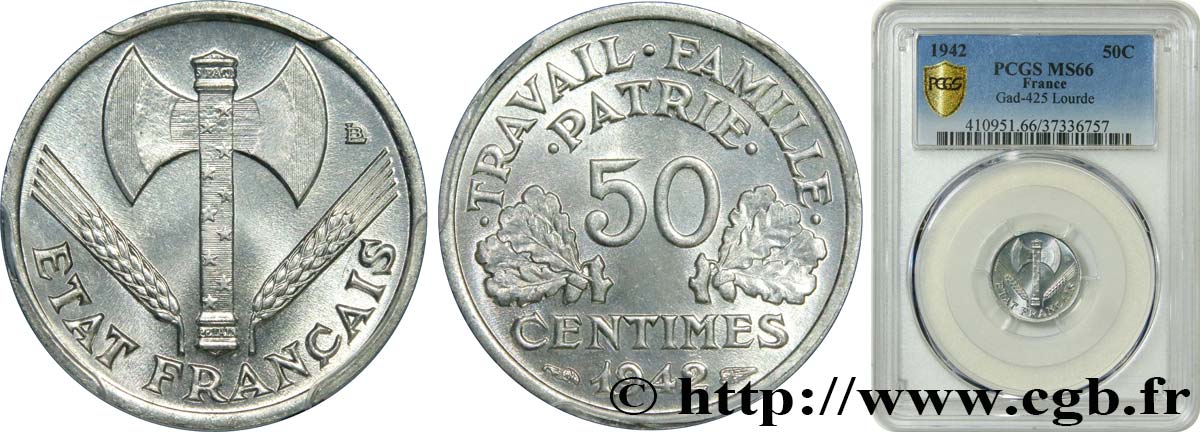 50 centimes Francisque, lourde 1942  F.195/3 ST66 PCGS