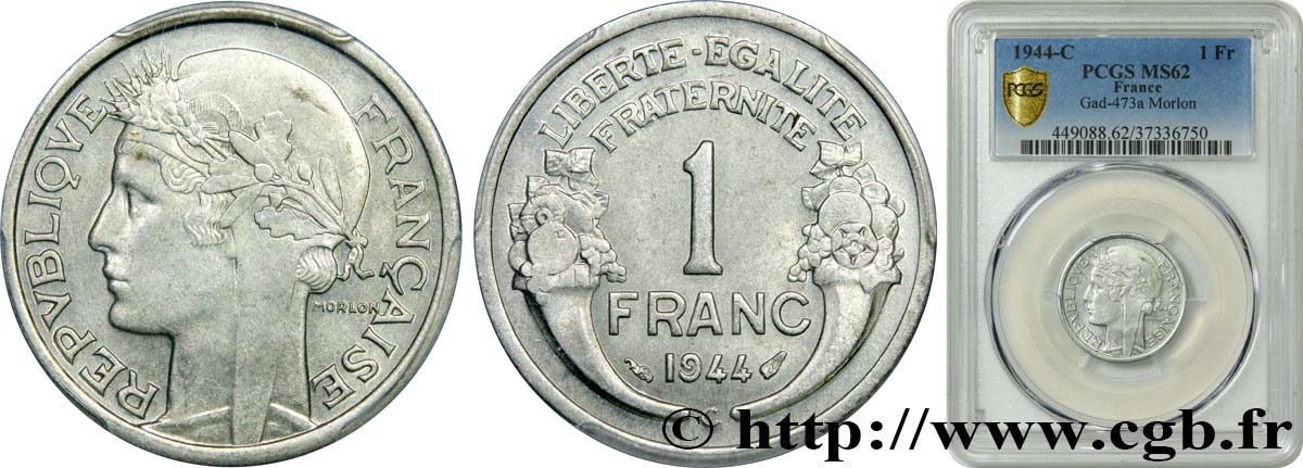 1 franc Morlon, légère 1944 Castelsarrasin F.221/4 MS62 PCGS