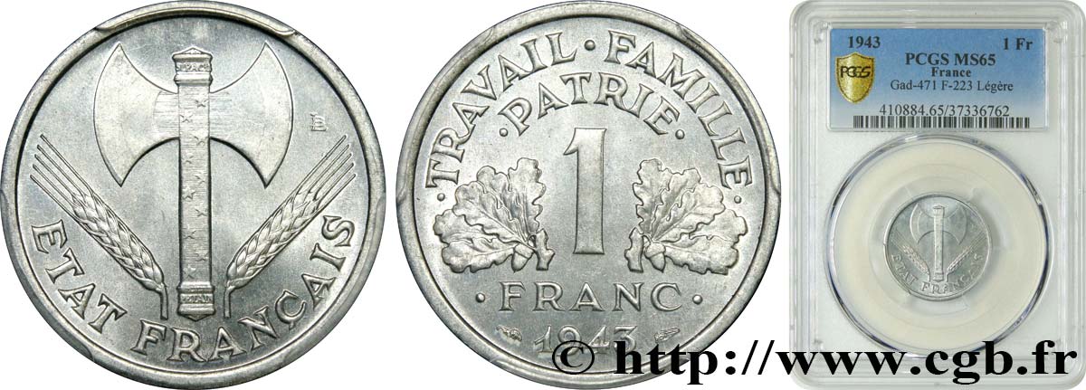 1 franc Francisque, légère 1943  F.223/3 FDC65 PCGS