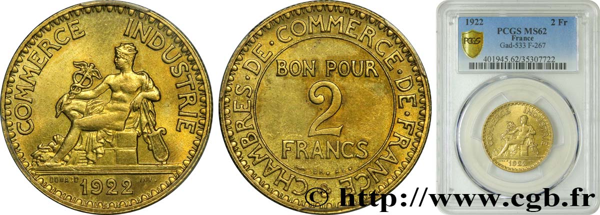2 francs Chambres de commerce 1922 Paris F.267/4 SUP62 PCGS