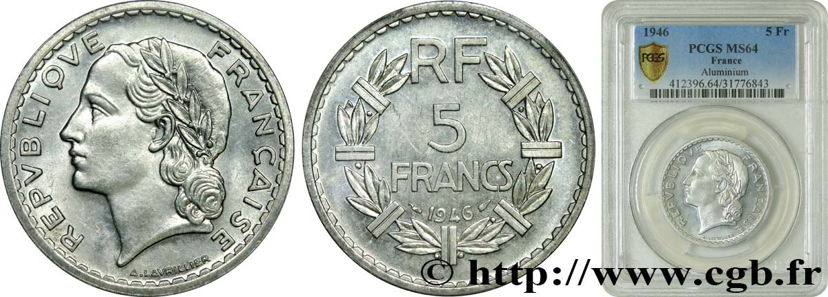 5 francs Lavrillier, aluminium 1946  F.339/6 MS64 PCGS