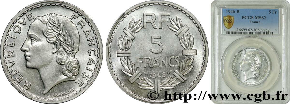 5 francs Lavrillier, aluminium 1946 Beaumont-Le-Roger F.339/7 SPL62 PCGS