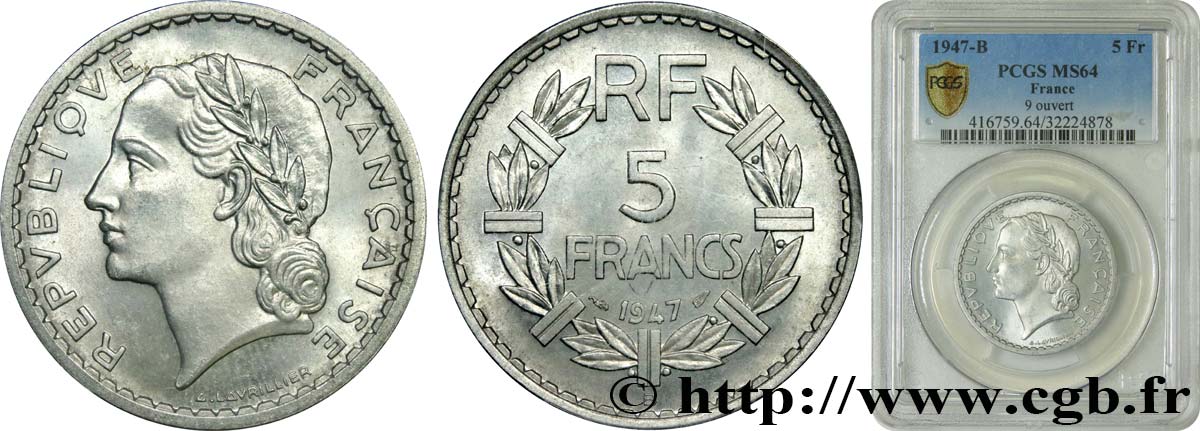 5 francs Lavrillier, aluminium 1947 Beaumont-Le-Roger F.339/11 fST64 PCGS