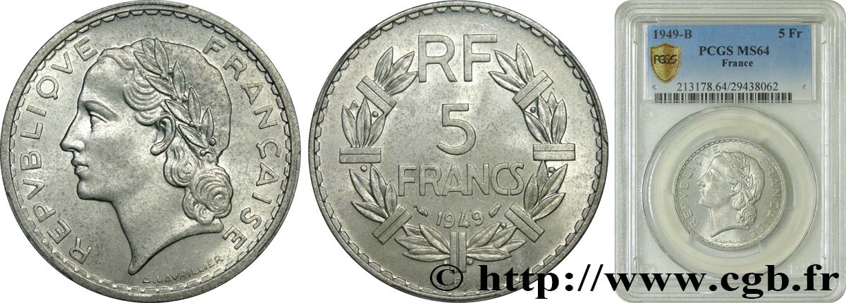 5 francs Lavrillier, aluminium 1949 Beaumont-le-Roger F.339/19 MS64 PCGS