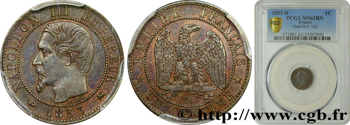 Un centime Napoléon III, tête nue 1853 Lyon F.102/4 MS63 PCGS