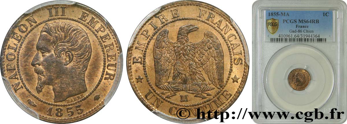 Un centime Napoléon III, tête nue 1855 Marseille F.102/23 MS64 PCGS