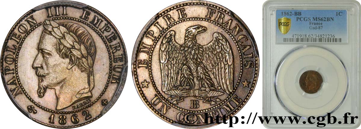 Un centime Napoléon III, tête laurée 1862 Strasbourg F.103/6 VZ62 PCGS