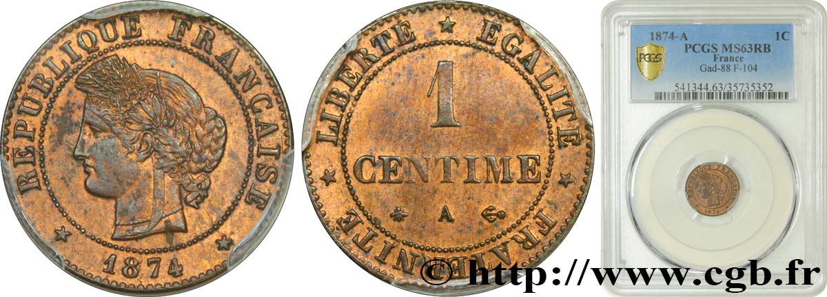1 centime Cérès 1874 Paris F.104/3 MS64 PCGS