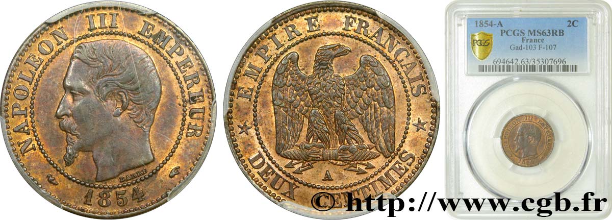 Deux centimes Napoléon III, tête nue 1854 Paris F.107/9 SPL63 PCGS