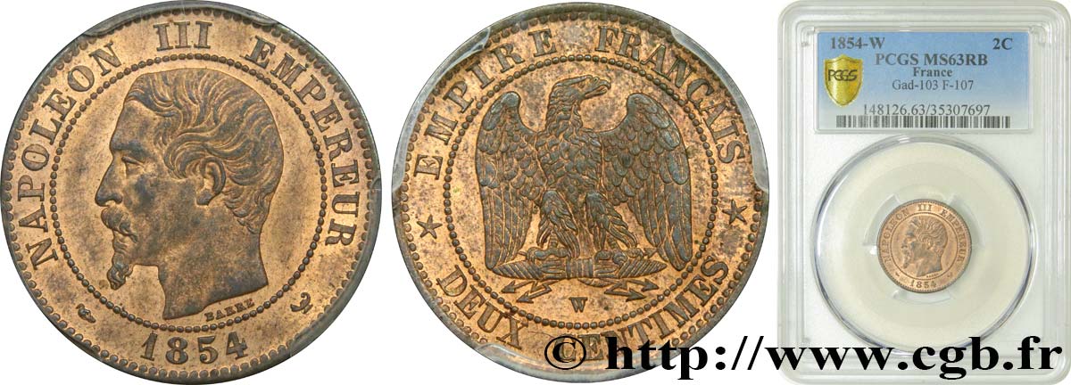 Deux centimes Napoléon III, tête nue 1854 Lille F.107/18 fST63 PCGS