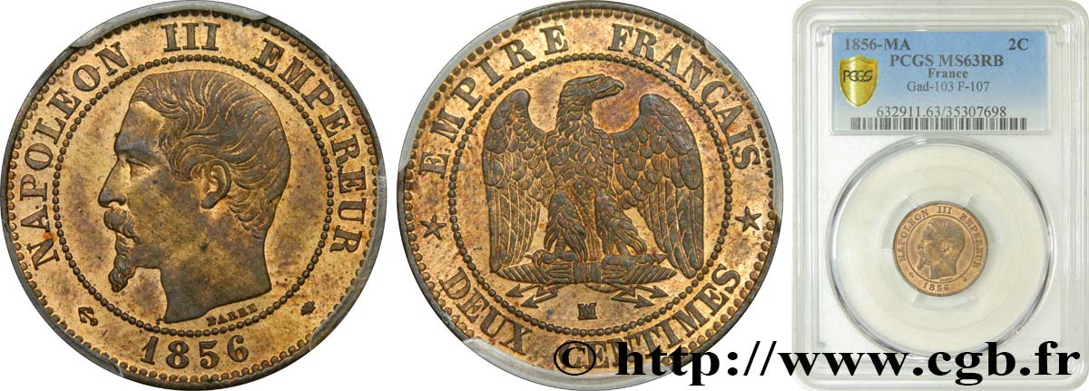 Deux centimes Napoléon III, tête nue 1856 Marseille F.107/42 MS63 PCGS