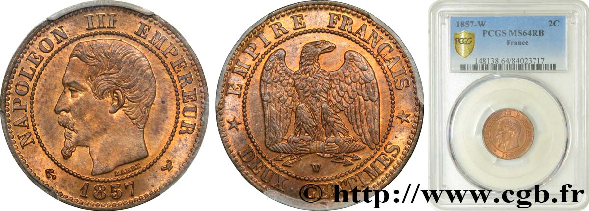 Deux centimes Napoléon III, tête nue 1857 Lille F.107/51 MS64 PCGS