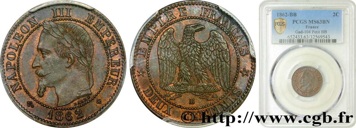 Deux centimes Napoléon III, tête laurée, buste définitif 1862 Strasbourg F.108A/5 MS63 PCGS
