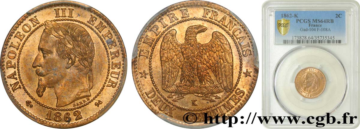 Deux centimes Napoléon III, tête laurée 1862 Bordeaux F.108A/7 SC64 PCGS