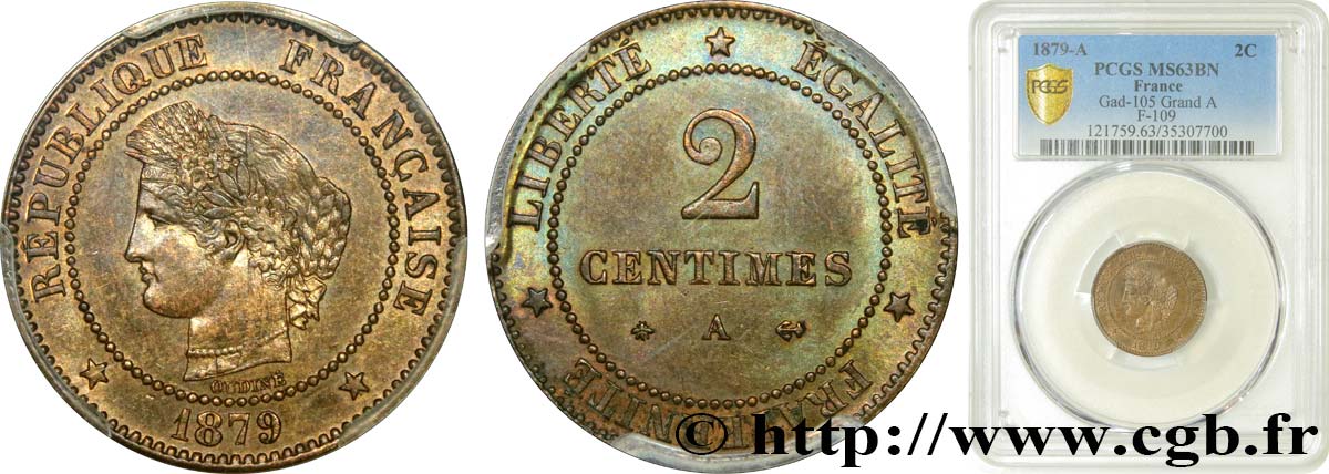 2 centimes Cérès 1879 Paris F.109/6 SC63 PCGS