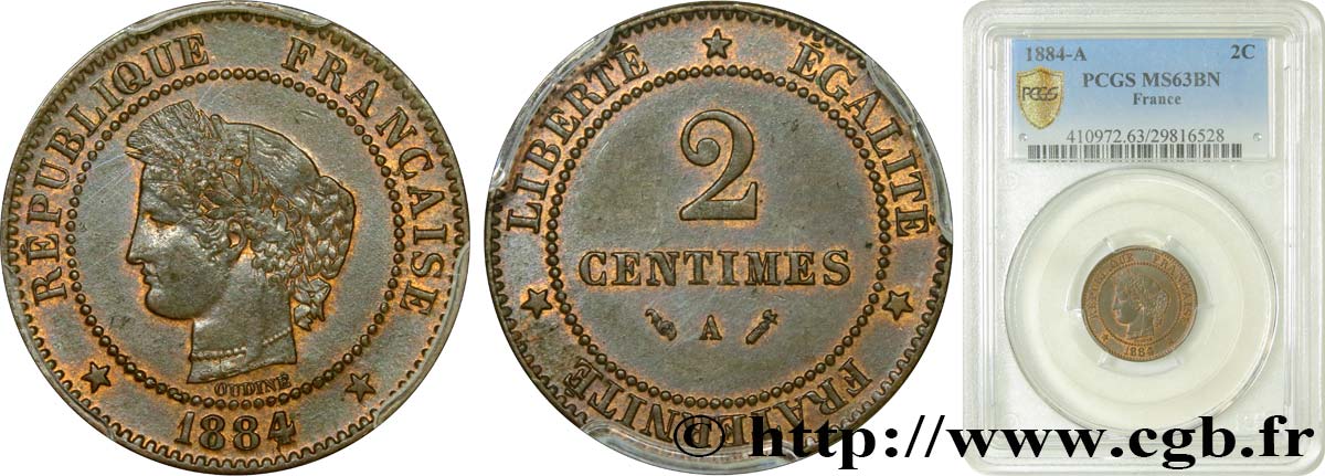 2 centimes Cérès 1884 Paris F.109/9 MS63 PCGS