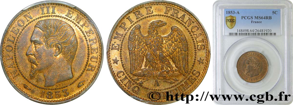 Cinq centimes Napoléon III, tête nue 1853 Paris F.116/1 fST64 PCGS