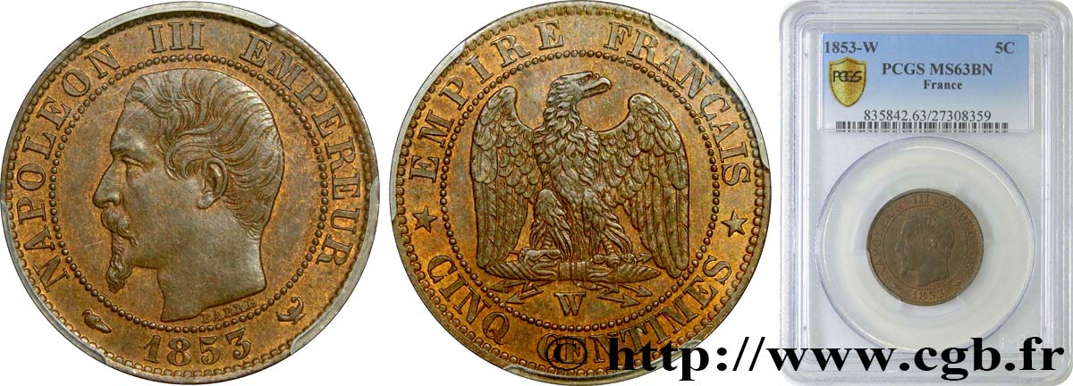 Cinq centimes Napoléon III, tête nue 1853 Lille F.116/7 MS63 PCGS