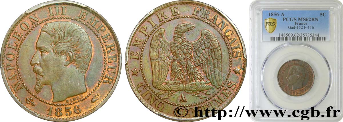 Cinq centimes Napoléon III, tête nue 1856 Paris F.116/30 VZ62 PCGS