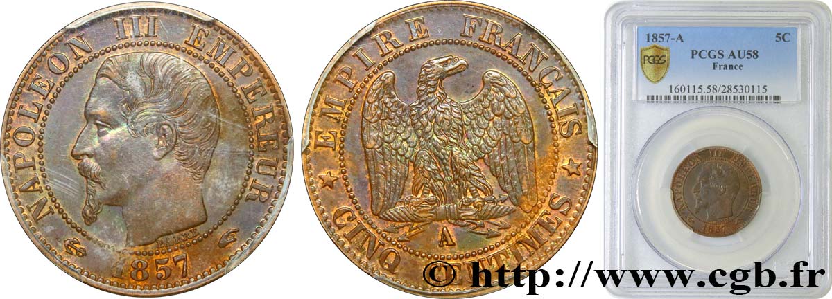 Cinq centimes Napoléon III, tête nue 1857 Paris F.116/37 SPL58 PCGS