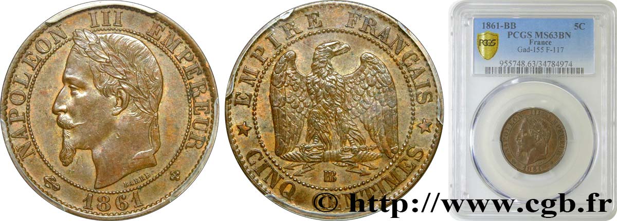 Cinq centimes Napoléon III, tête laurée 1861 Strasbourg F.117/5 fST63 PCGS
