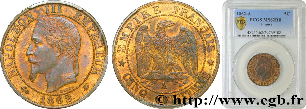 Cinq centimes Napoléon III, tête laurée 1862 Paris F.117/7 MS62 PCGS