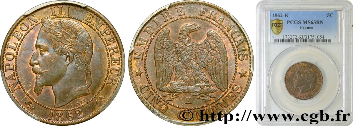 Cinq centimes Napoléon III, tête laurée 1862 Bordeaux F.117/9 SC63 PCGS