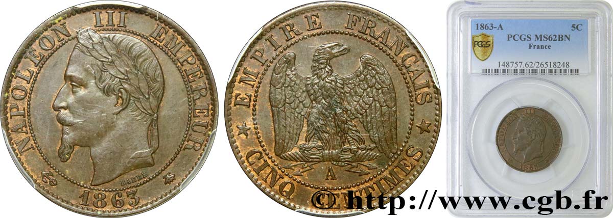 Cinq centimes Napoléon III, tête laurée 1863 Paris F.117/10 VZ62 PCGS