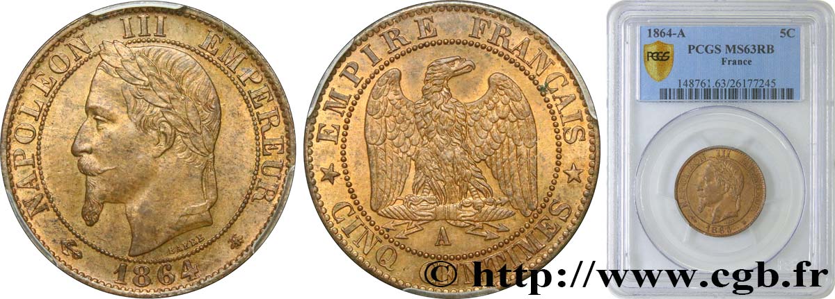 Cinq centimes Napoléon III, tête laurée 1864 Paris F.117/13 SC63 PCGS