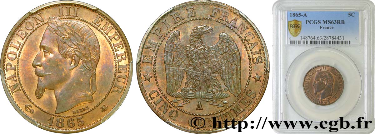 Cinq centimes Napoléon III, tête laurée 1865 Paris F.117/14 SPL63 PCGS