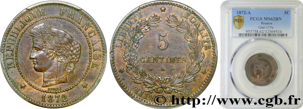 5 centimes Cérès 1872 Paris F.118/4 SUP62 PCGS