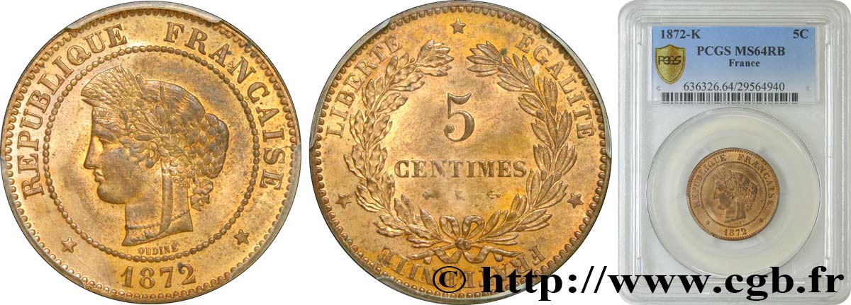 5 centimes Cérès 1872 Bordeaux F.118/6 SC64 PCGS