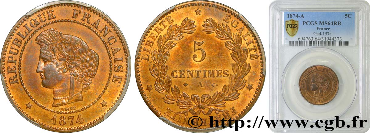 5 centimes Cérès 1874 Paris F.118/9 SPL64 PCGS
