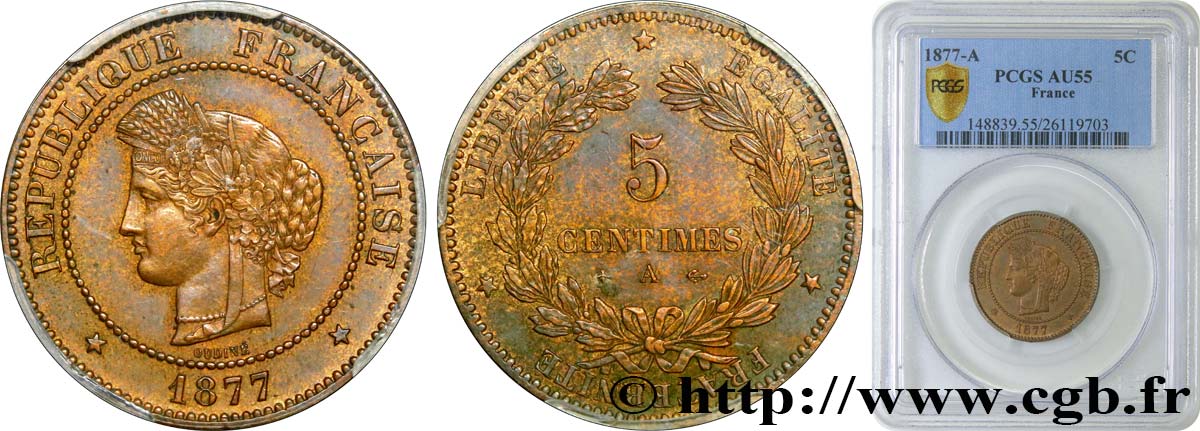 5 centimes Cérès 1877 Paris F.118/15 SUP55 PCGS