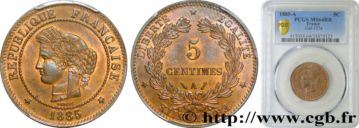 5 centimes Cérès 1885 Paris F.118/27 SPL64 PCGS