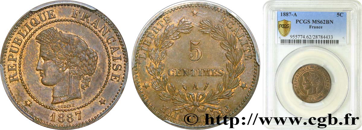 5 centimes Cérès 1887 Paris F.118/29 MS62 PCGS