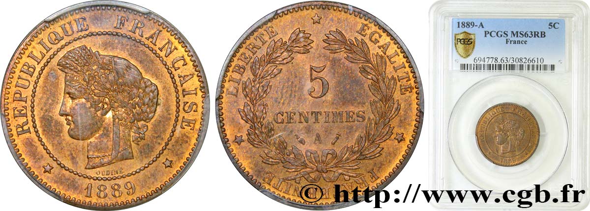 5 centimes Cérès 1889 Paris F.118/31 SC63 PCGS