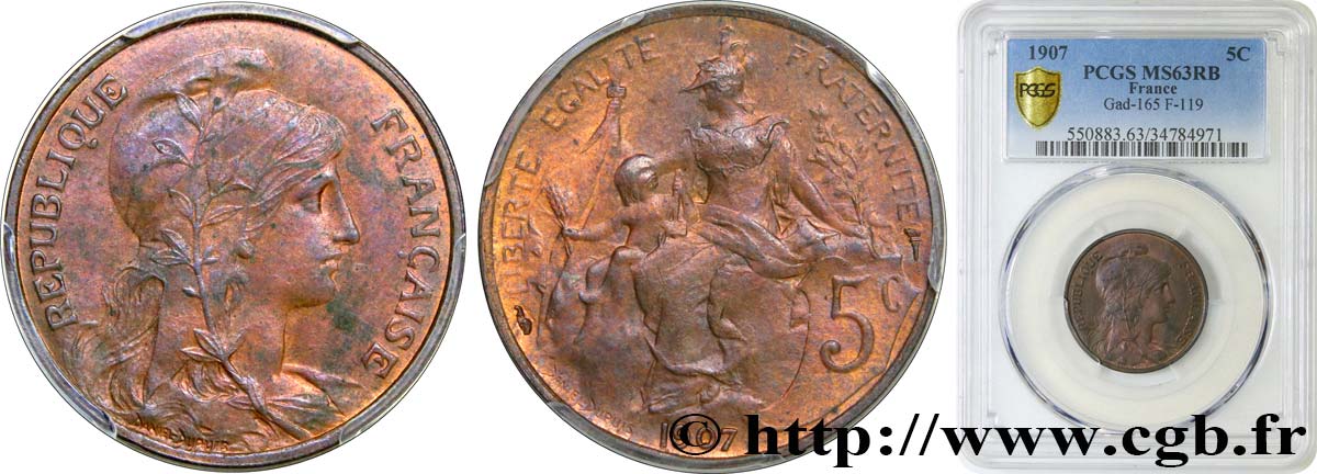 5 centimes Daniel-Dupuis 1907  F.119/17 SPL63 PCGS