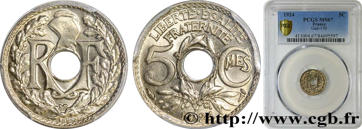 5 centimes Lindauer, petit module 1924 Paris F.122/8 ST67 PCGS
