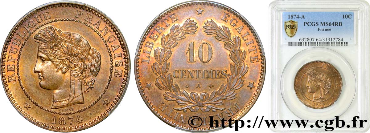 10 centimes Cérès 1874 Paris F.135/12 fST64 PCGS