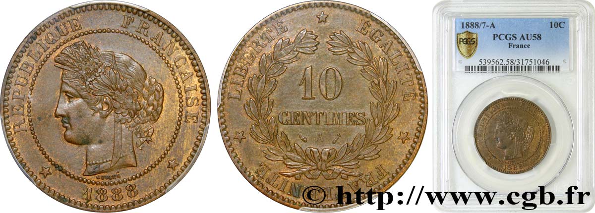 10 centimes Cérès, 1888/7 1888 Paris F.135/32 AU58 PCGS