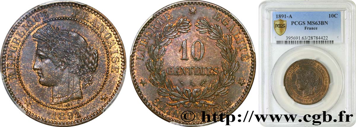 10 centimes Cérès 1891 Paris F.135/36 SC63 PCGS