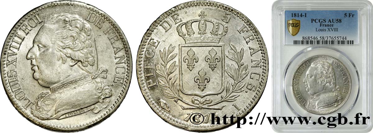 5 francs Louis XVIII, buste habillé 1814 Limoges F.308/6 SPL58 PCGS