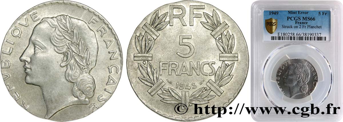 5 francs Lavrillier en aluminium, fautée, flan de 2 Francs 1949  F.339/17 var. ST66 PCGS