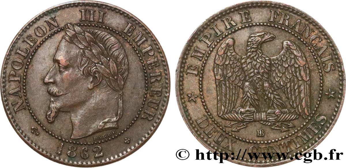 Deux centimes Napoléon III, tête laurée, buste définitif 1862 Strasbourg F.108A/5 MBC48 